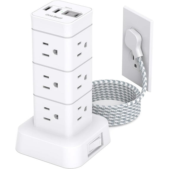 Sur Protector Power Strip Tower, 12 Outlets 4 USB (2 C) Desktop Charging Station for Multiple Devices, 6Ft Flat Plug Extension Cord with Outlets, Home Office Colle Dorm Essentials