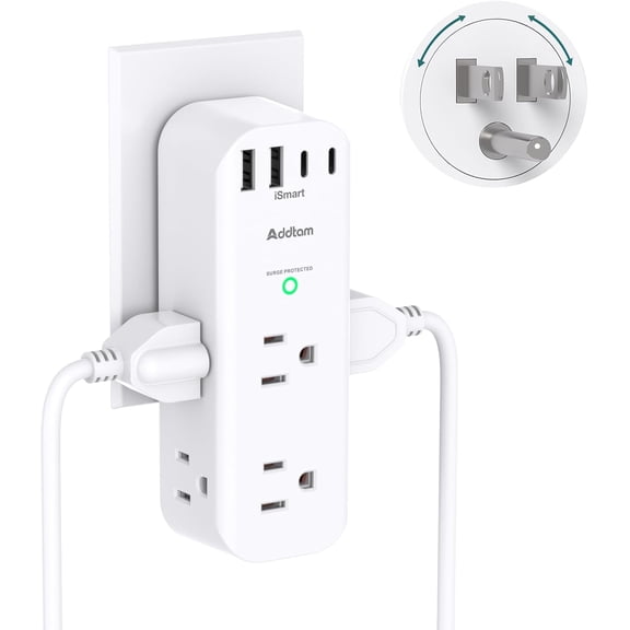 Sur Protector Wall Outlet Extender, Multi Plug Outlet with Rotating Plug, 6 AC Outlets 4 USB Ports (2 USB C), 1800J, 3-Side Power Strip Wall Mount, Outlet Splitter for Colle Dorm Travel Essentials