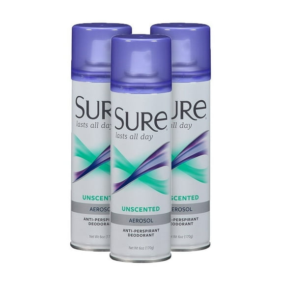 Sure Aerosol Anti-Perspirant Deodorant Spray, Unscented, 6 Ounce (Pack of 3)