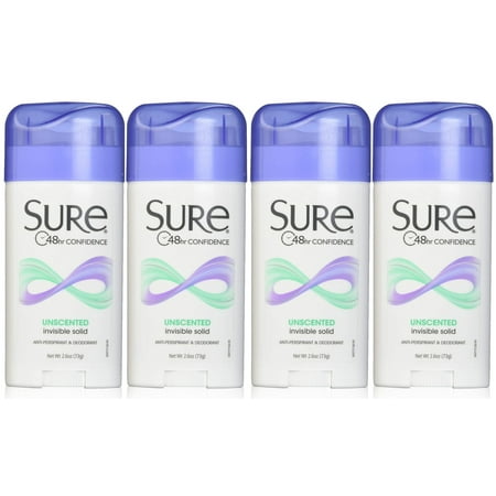 Sure Anti-Perspirant Deodorant Invisible Solid Unscented 2.60 oz (Pack of 4)