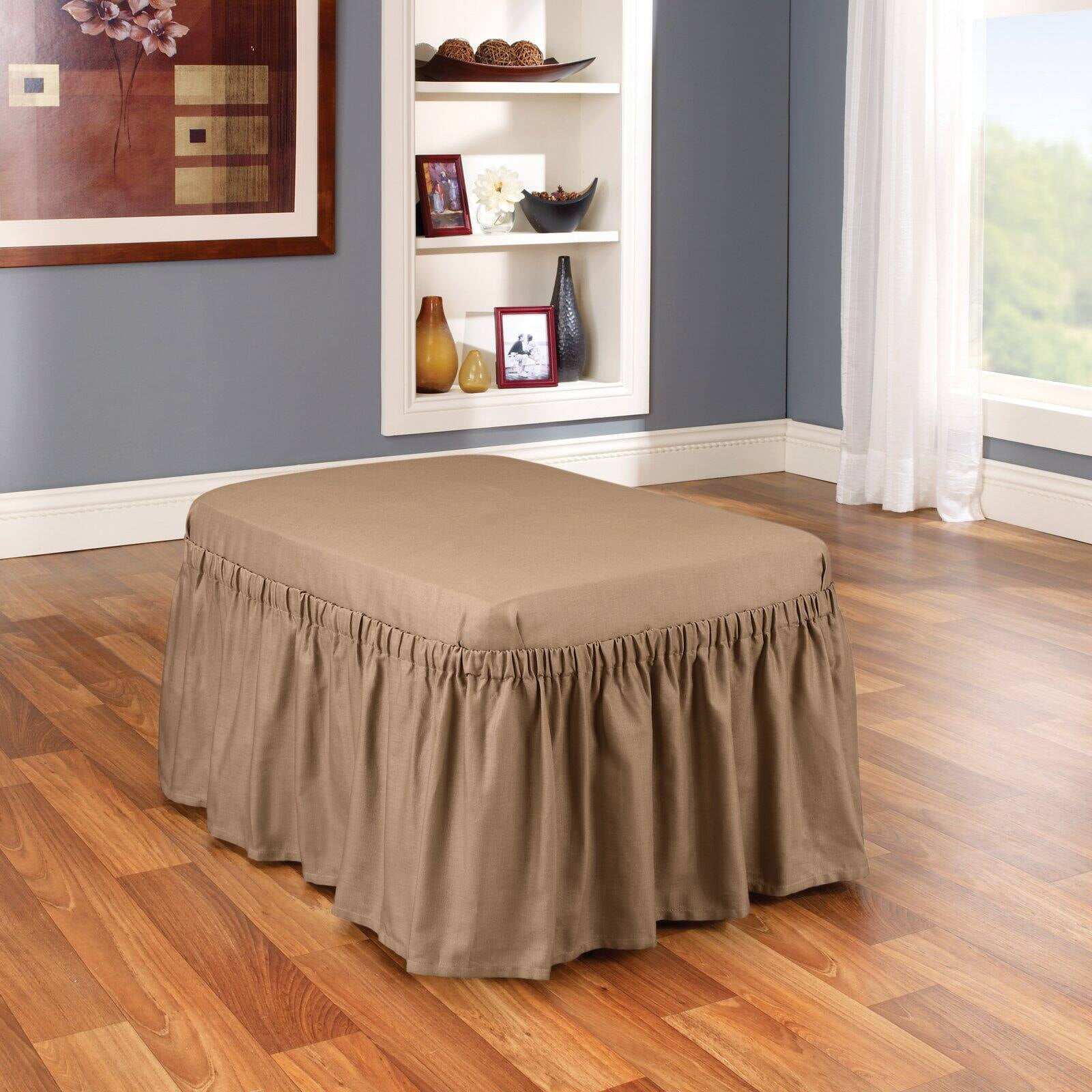 Elegant Natural Cotton Duck Ottoman Slipcover with Waterfall Skirt