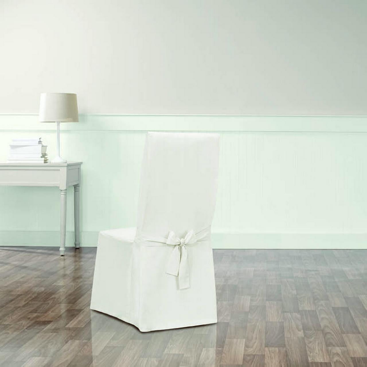 White Cotton Long Dining Chair Slipcover with Adjustable Ties