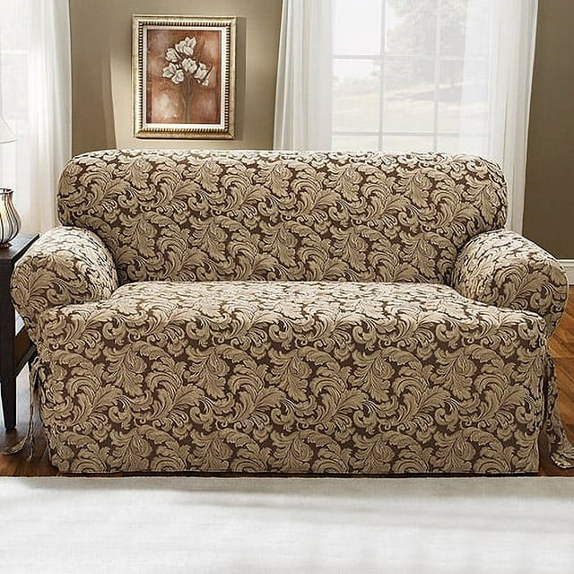 Sure Fit Scroll Brown T-cushion Loveseat