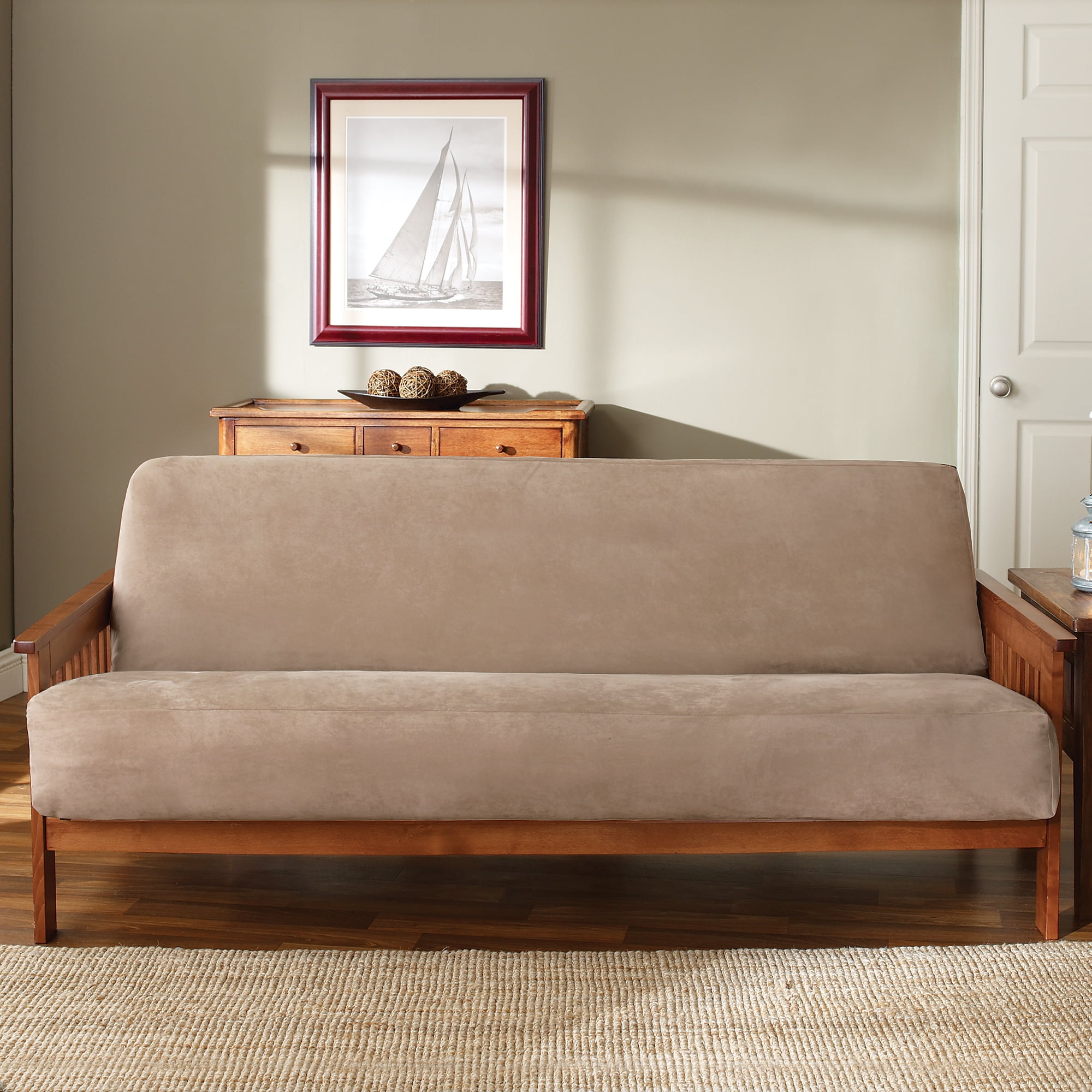 Taupe Soft Suede Stretch Futon Slipcover with Zipper Closure