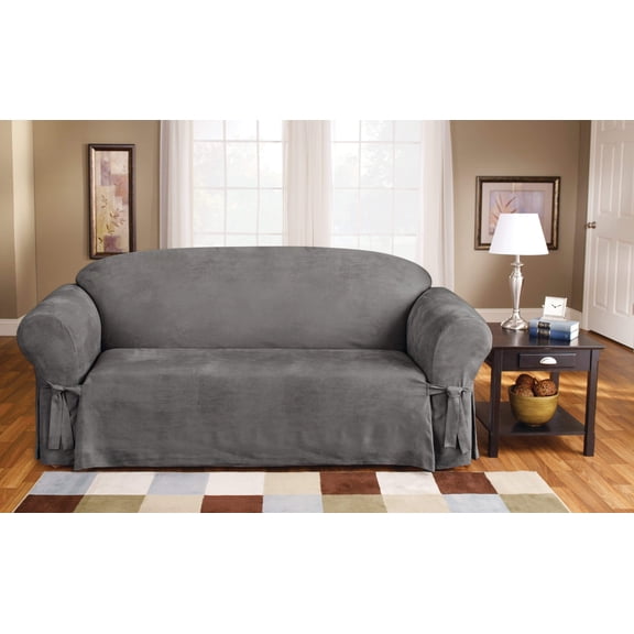 SureFit Soft Suede 1 Piece Sofa Slipcover, Relaxed Fit Furniture Cover, Middle Gray