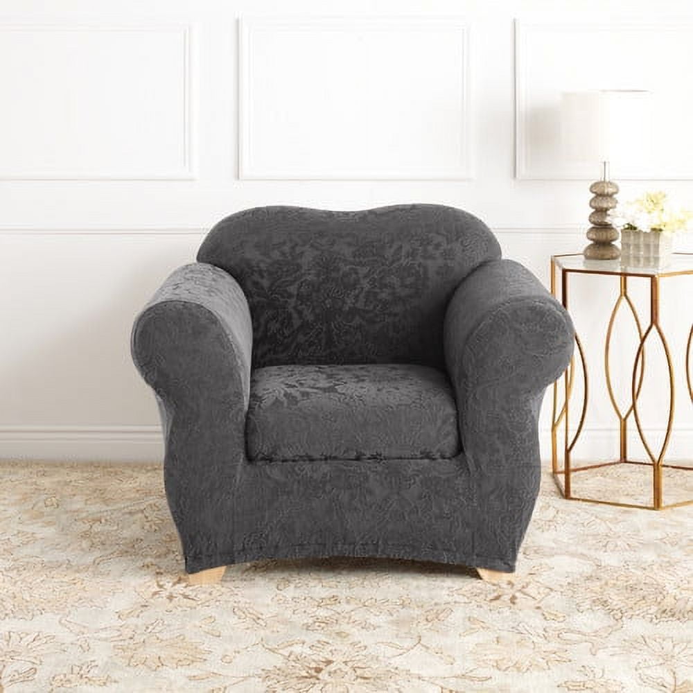 Regal Gray Stretch Jacquard Damask Armchair Slipcover