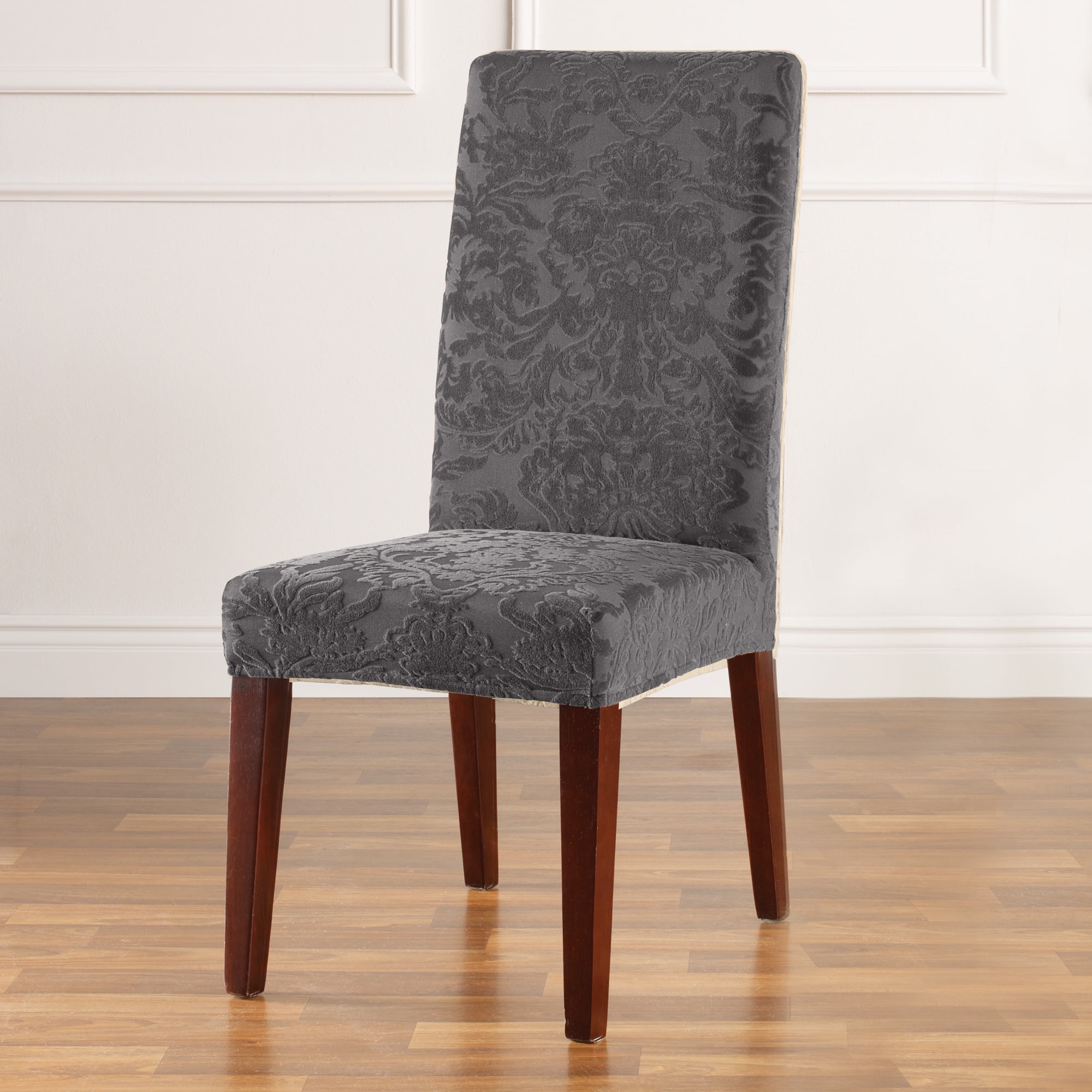 Gray Stretch Jacquard Damask Dining Chair Slipcover