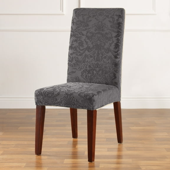 SureFit Stretch Jacquard Damask Short Dining Chair Slipcover in Gray