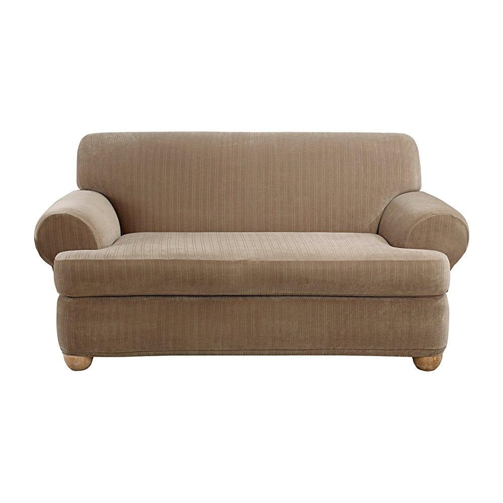 Taupe Polyester Stretch Pinstripe T-Cushion Loveseat Slipcover