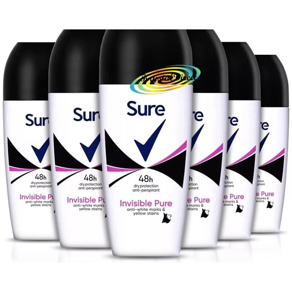 Sure Invisible Pure 48h Dry Protection Anti-perspirant Anti-White Marks & Yellow Stains Roll On 6 Pack