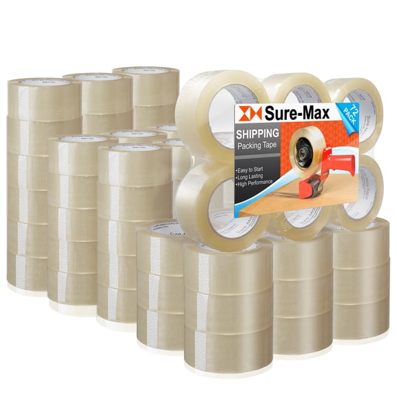 Sure-Max Premium Carton Packing Tape 2.0 mil 330 Feet (110 yards) - Clear - 2 Cases (72 Rolls Total)