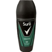 Sure Men Sensitive 48H Anti-Perspirant 0% Alcohol Roll-On with Sandalwood, Patchouli and Vanilla Scent 50ml 6-Pack