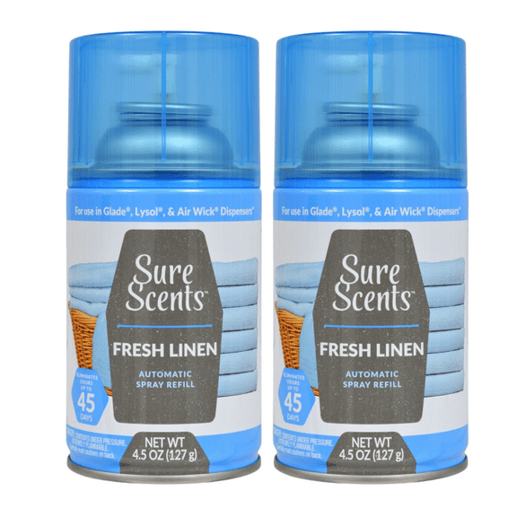 Sure Scents Fresh Linen Automatic Spray Refills 4.5 oz. Air Freshener Essential Oils Odor Neutralization for Home Kitchen Bathroom Office with Smell of Fresh Laundry, Last up to 45 Days, 2 Bottles