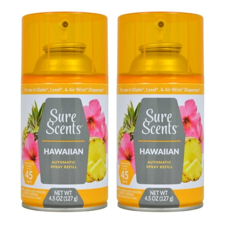Sure Scents Hawaiian Mist Automatic Air Freshener Refills for Home Living Room Kitchen Bathroom Office Odor Eliminator with Long Lasting Scents and Last Up To 45 Days 4.5 oz. Pack of 2