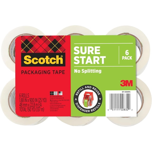 Sure Start Packing Tape, Clear, Quiet Unwind and Easy Start, 1.88 in. x 25 yd., 6 Tape Rolls, Designed for Packing, Shipping and Mailing, No Splitting or Tearing, 1.5" Core, Packaging May Vary