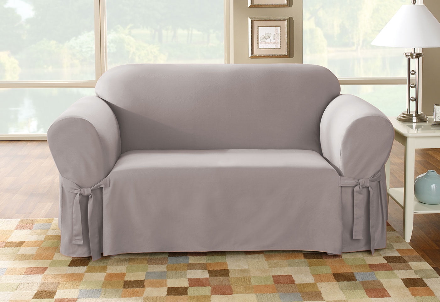 Gray Cotton Duck Loveseat Slipcover with Ties
