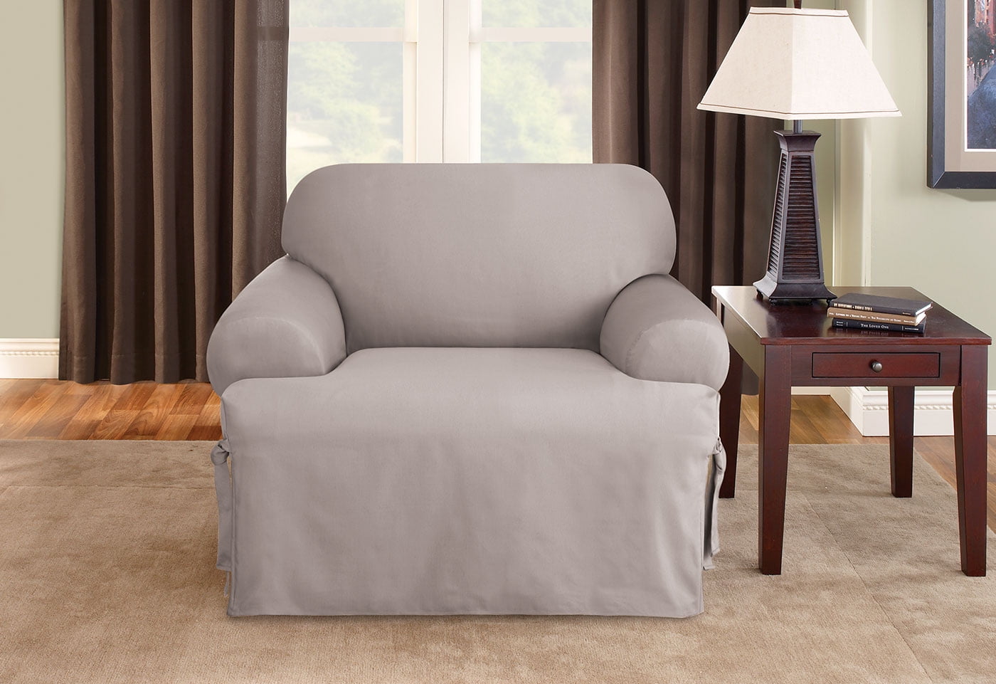 Gray Cotton T-Cushion Chair Slipcover with Elastic Closure