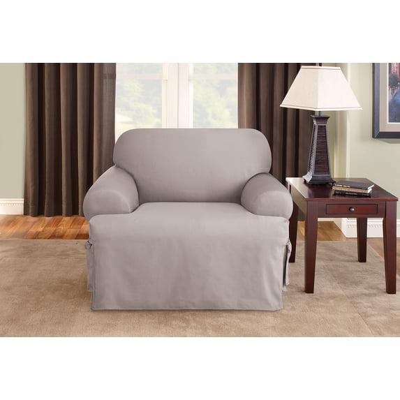 SureFit Cotton Duck Canvas T Cushion Chair Slipcovers, Chair Cover Cotton Solid One Piece Design, Armchair Cover, Gray