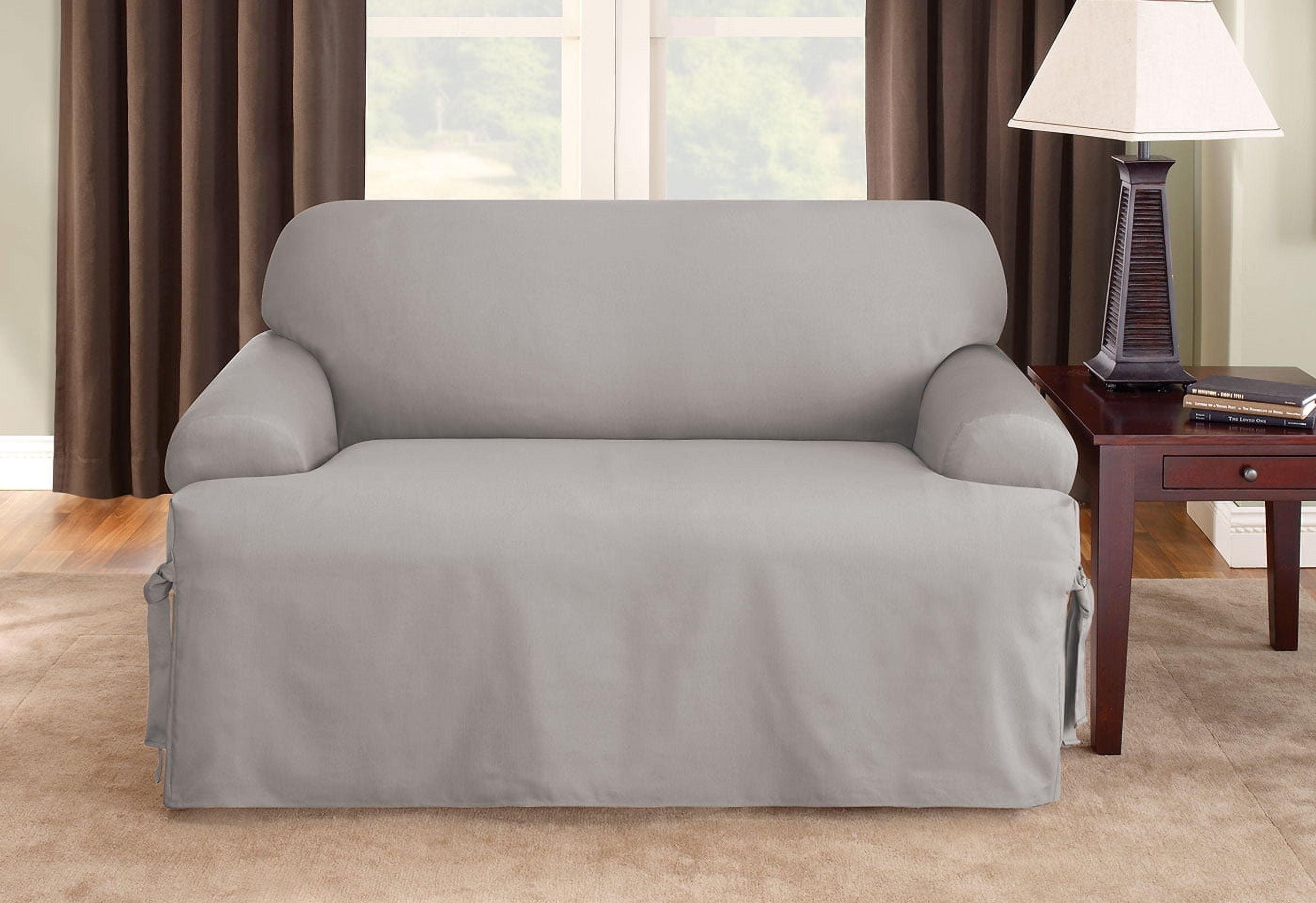 Gray Cotton Duck T-Cushion Loveseat Slipcover