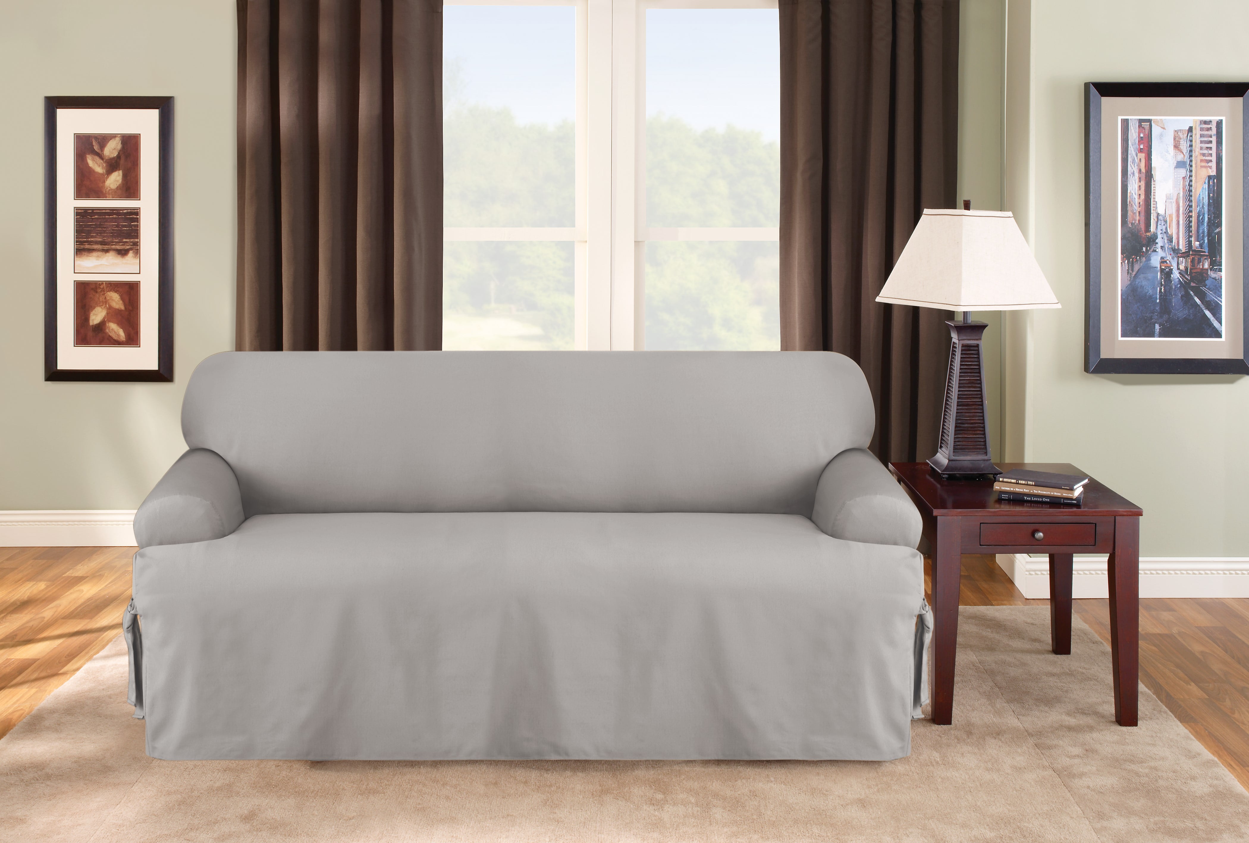 Gray Cotton Duck T-Cushion Sofa Slipcover