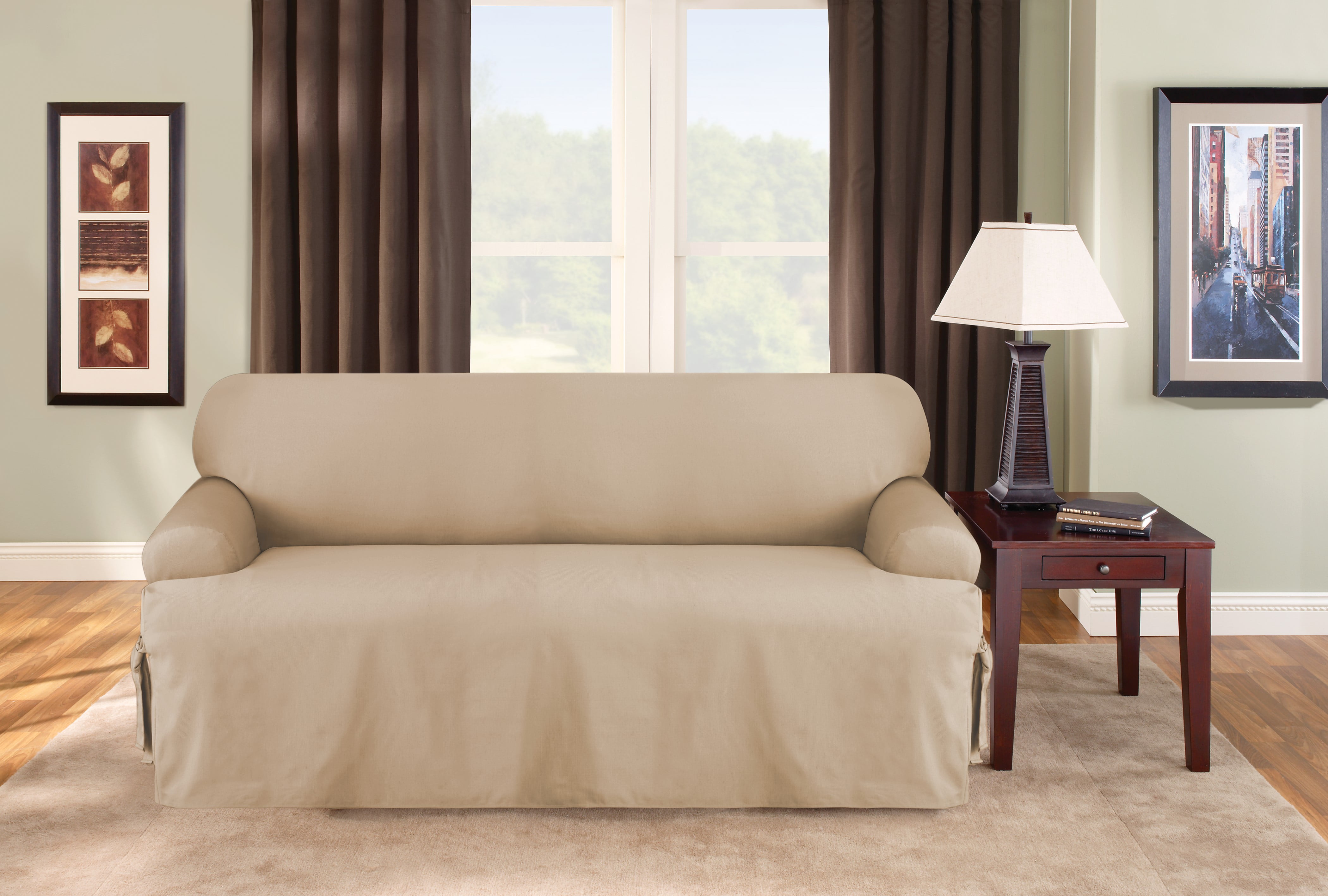 Tan Cotton Duck T-Cushion Sofa Slipcover