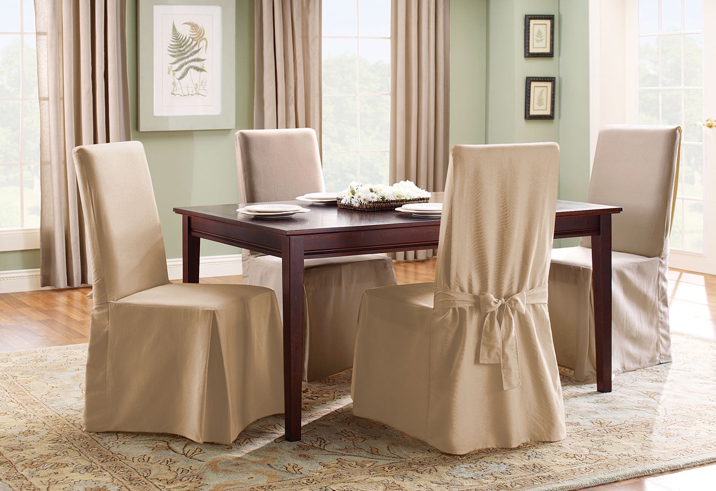 Tan Cotton Duck Long Dining Chair Slipcover with Ties
