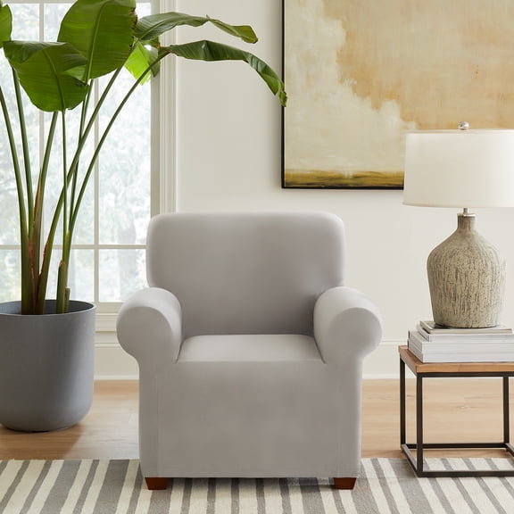 SureFit Hampstead Stretch Velvet Chair Slipcover, One Piece Chair Covers, Light Gray Chair Cover