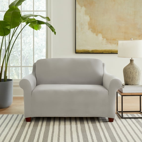 SureFit Hampstead Stretch Velvet Loveseat Slipcover, One Piece Love Seat Couch Covers, Light Gray