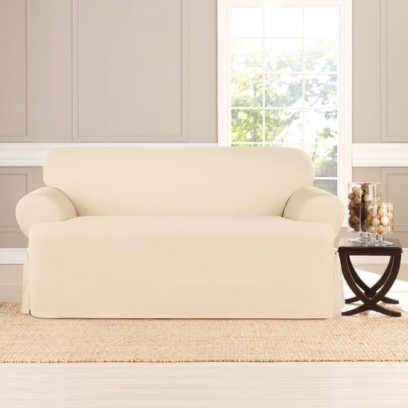 SureFit Heavyweight Cotton Duck T-Cushion Loveseat Cover, 1 Piece Loveseat Slipcovers with Seat Elastic, Natural