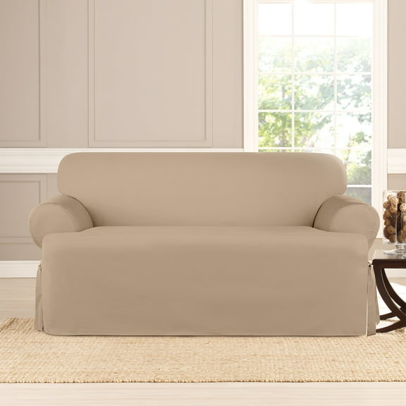 SureFit Heavyweight Cotton Duck T-Cushion Loveseat Cover, 1 Piece Loveseat Slipcovers with Seat Elastic, Khaki