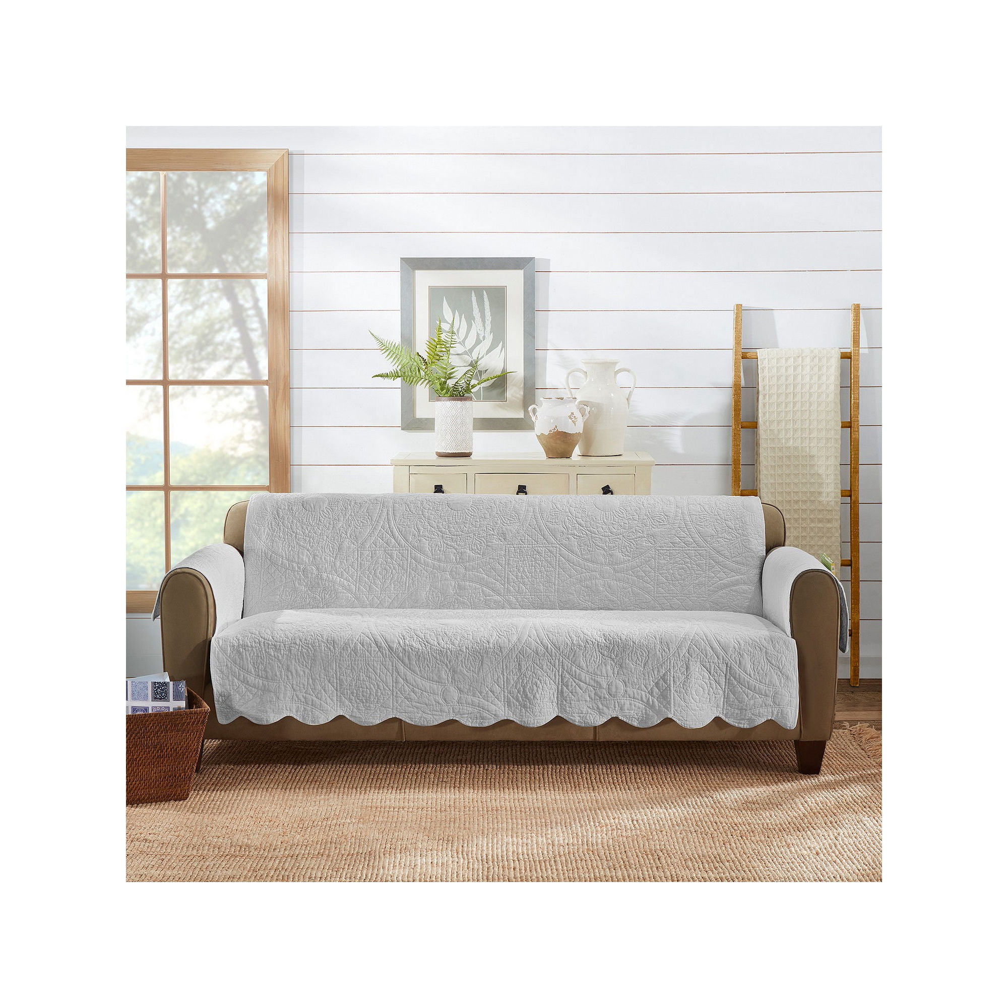 Gray Cotton Quilted Sofa Cover with Scallop Edge