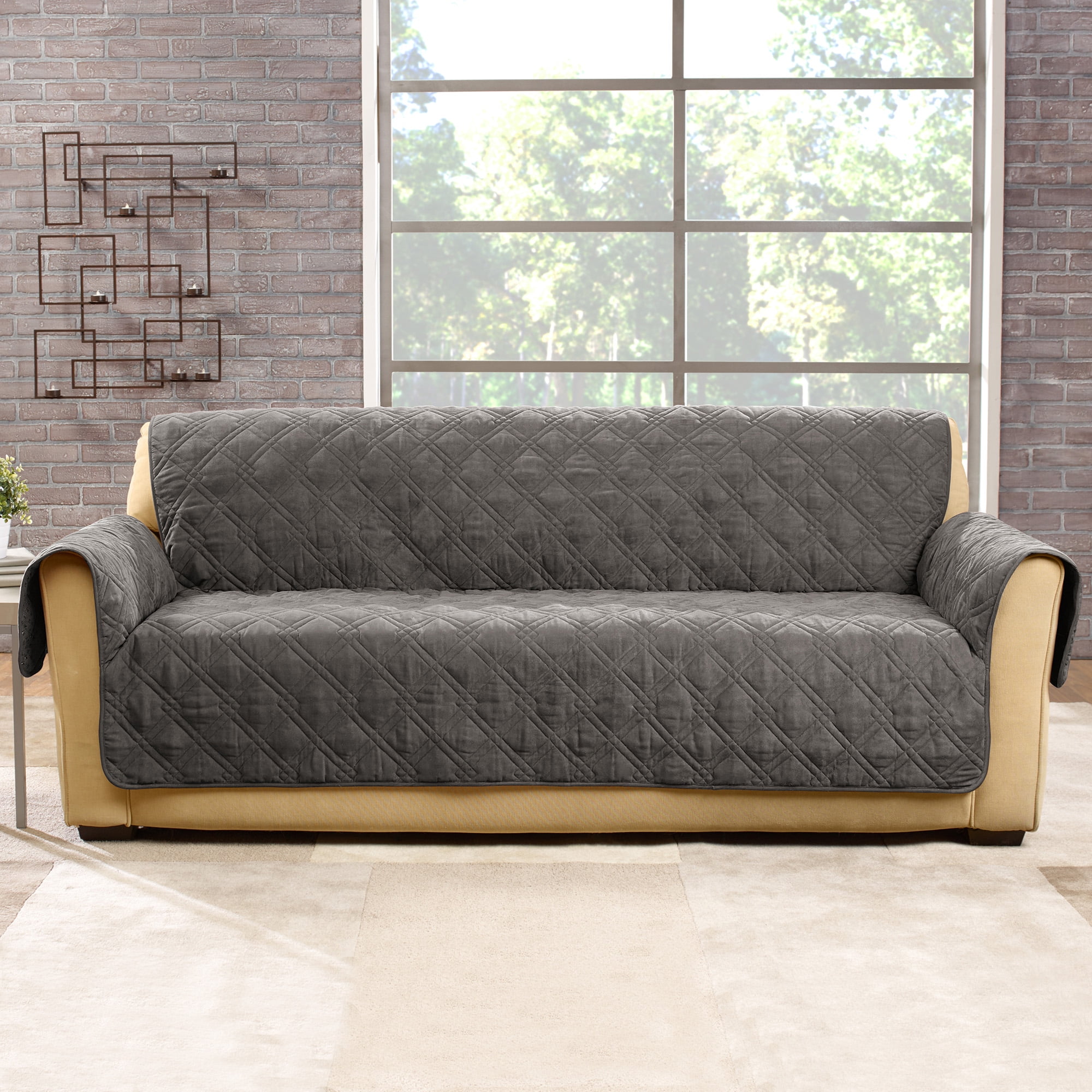 Dark Gray Quilted Microfiber Pet Sofa Cover