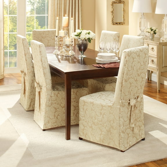 SureFit Scroll Full Length Skirt with Ties Dining Chair Slipcover, Champagne