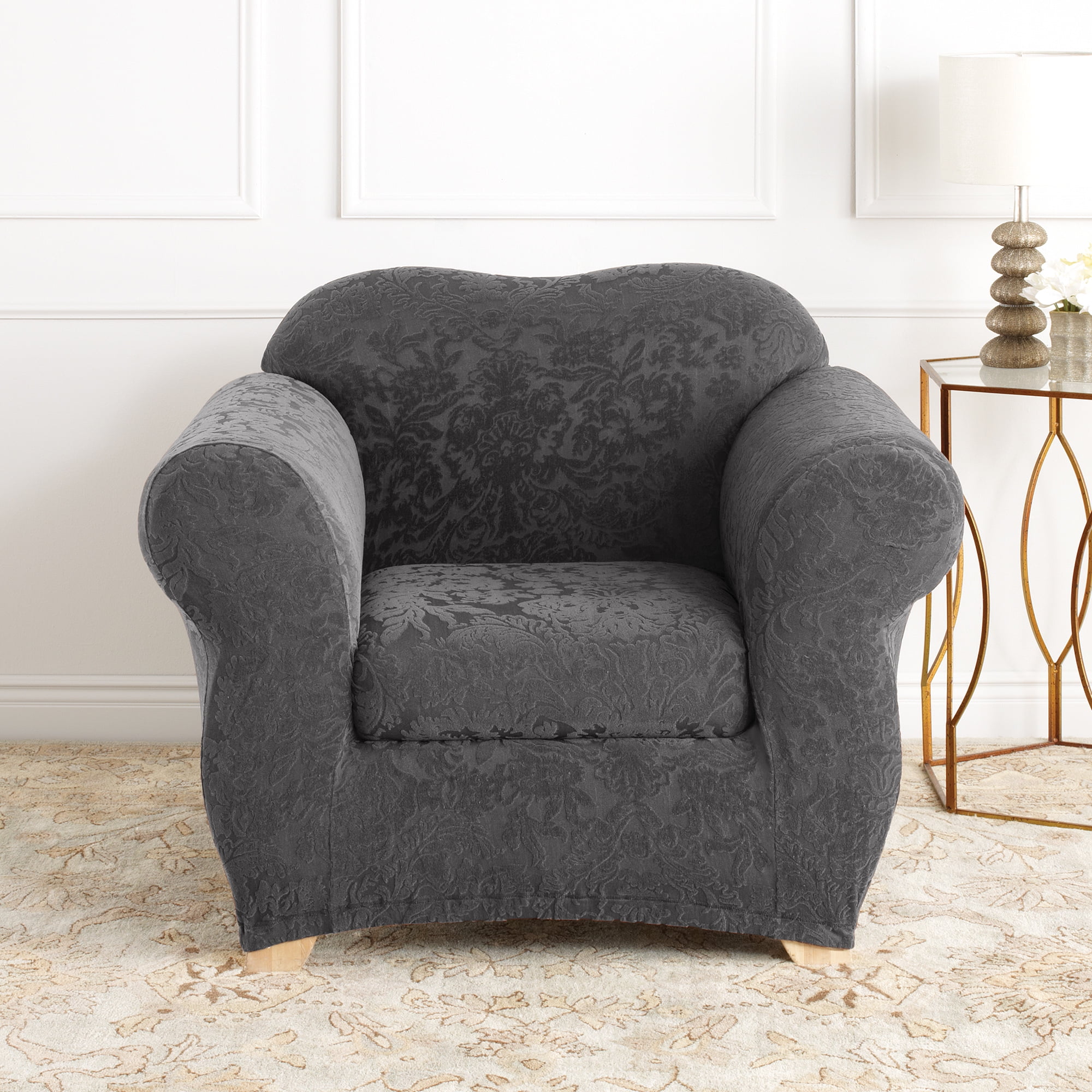 Regal Gray Stretch Jacquard Damask Armchair Slipcover