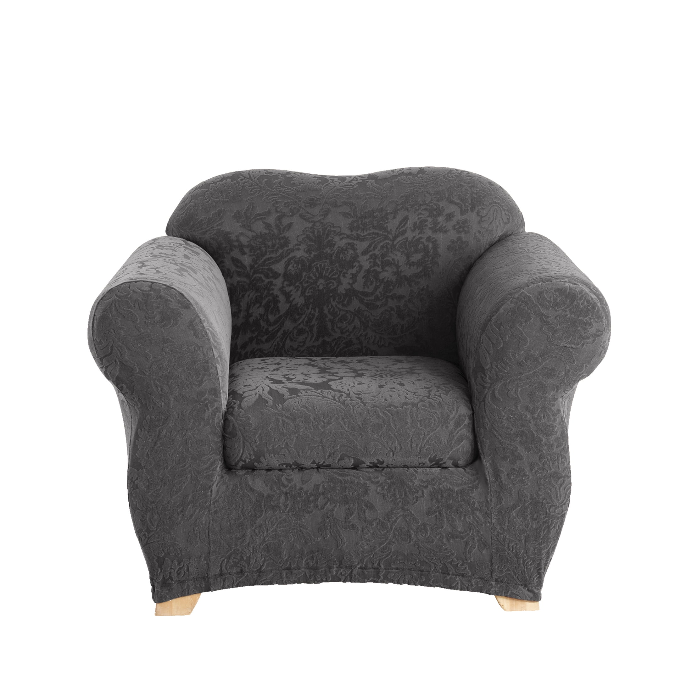 Regal Gray Stretch Jacquard Damask Armchair Slipcover