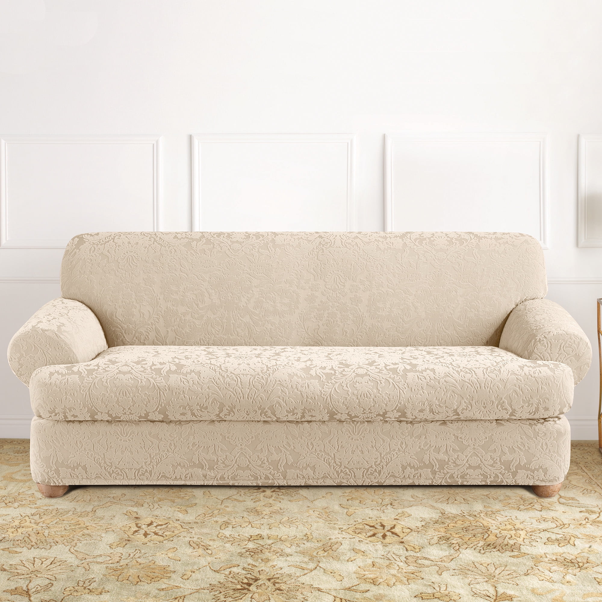 Regal Oyster Stretch Jacquard Damask T-Cushion Sofa Slipcover