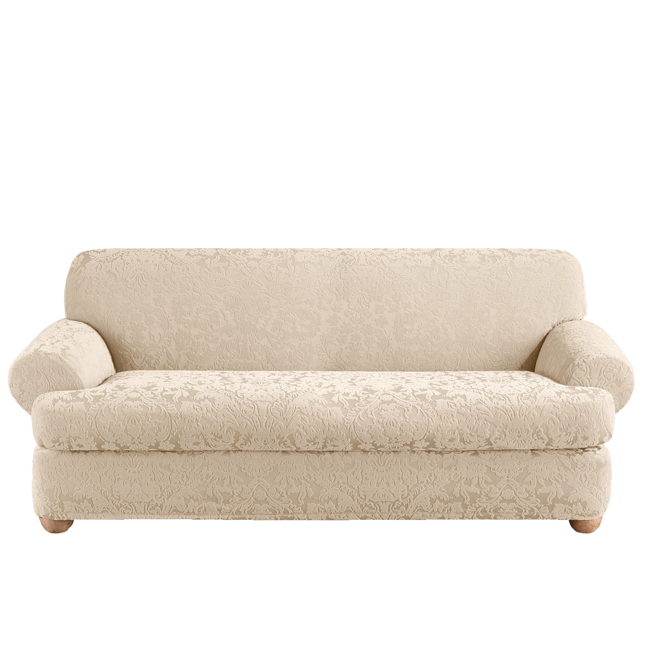 Regal Oyster Stretch Jacquard Damask T-Cushion Sofa Slipcover
