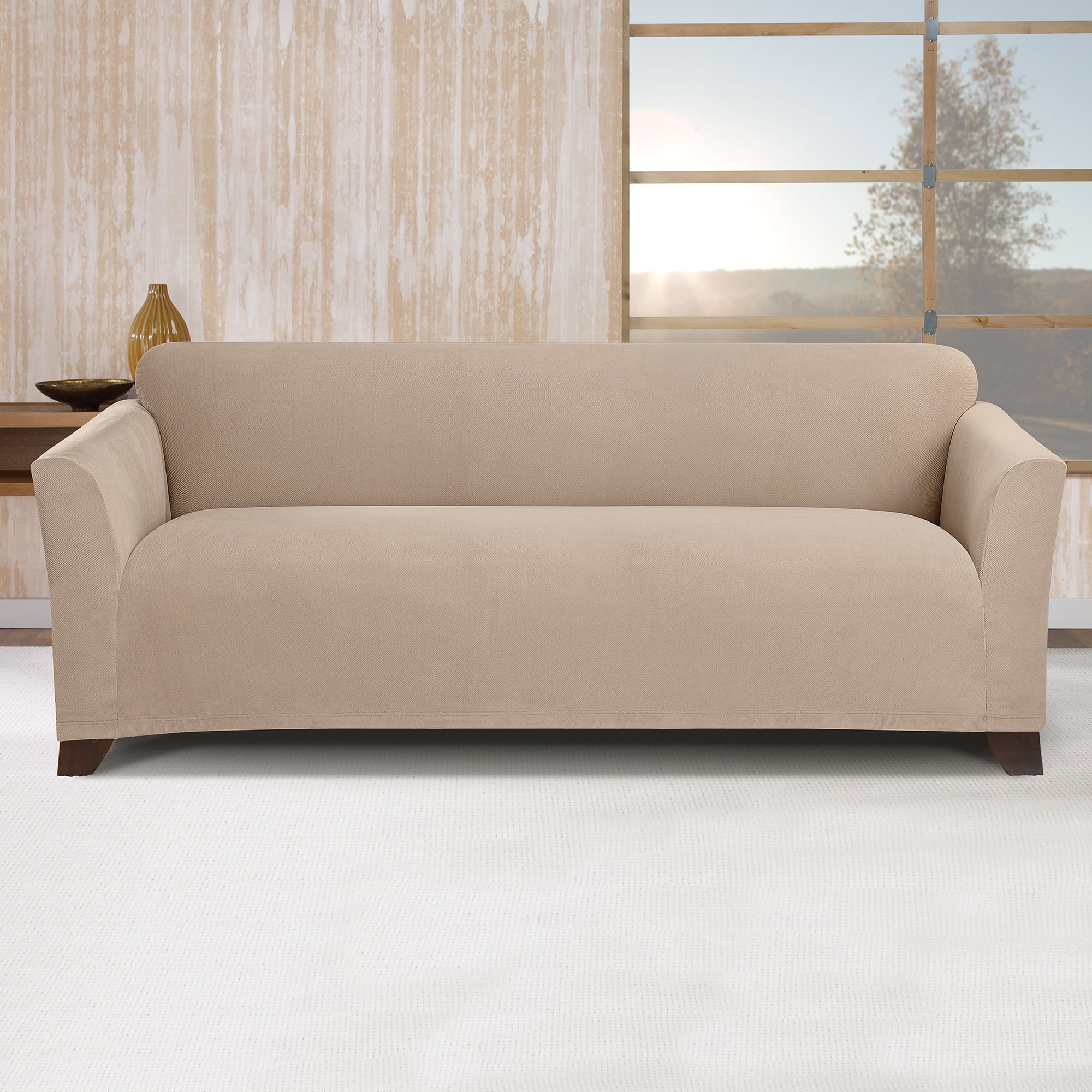Khaki Stretch Fit Box Cushion Sofa Cover