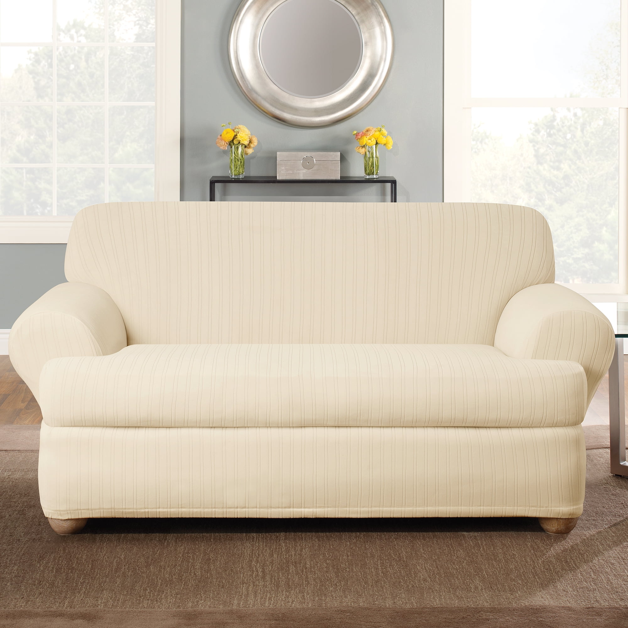 Cream Stretch Pinstripe T-Cushion Loveseat Slipcover