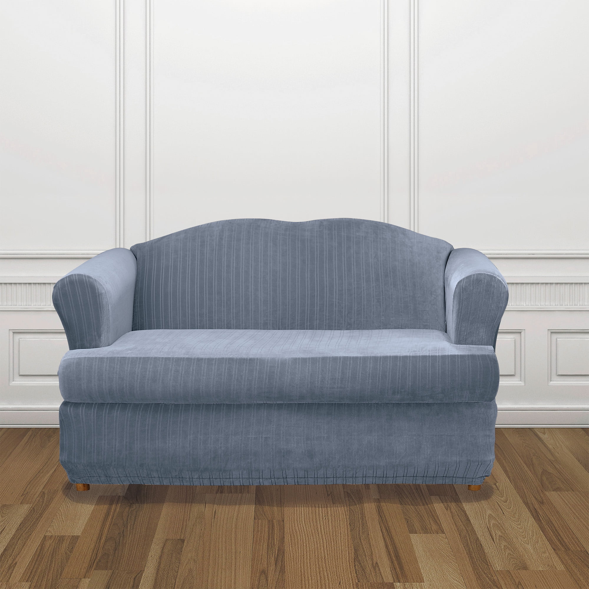 French Blue Stretch Pinstripe T-Cushion Loveseat Slipcover