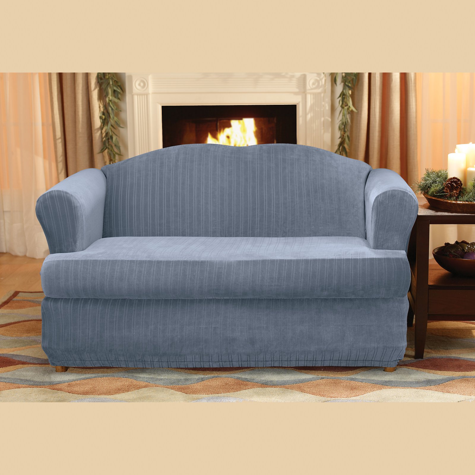 SureFit  Stretch Pinstripe 2 Piece T Cushion Loveseat Slipcover French Blue - image 1 of 2