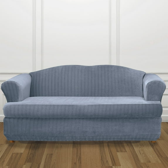 SureFit Stretch Pinstripe 2 Piece T Cushion Sofa Slipcover in French Blue