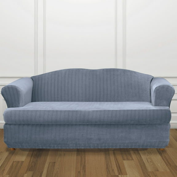 SureFit Stretch Pinstripe 2 Piece T Cushion Sofa Slipcover in French Blue