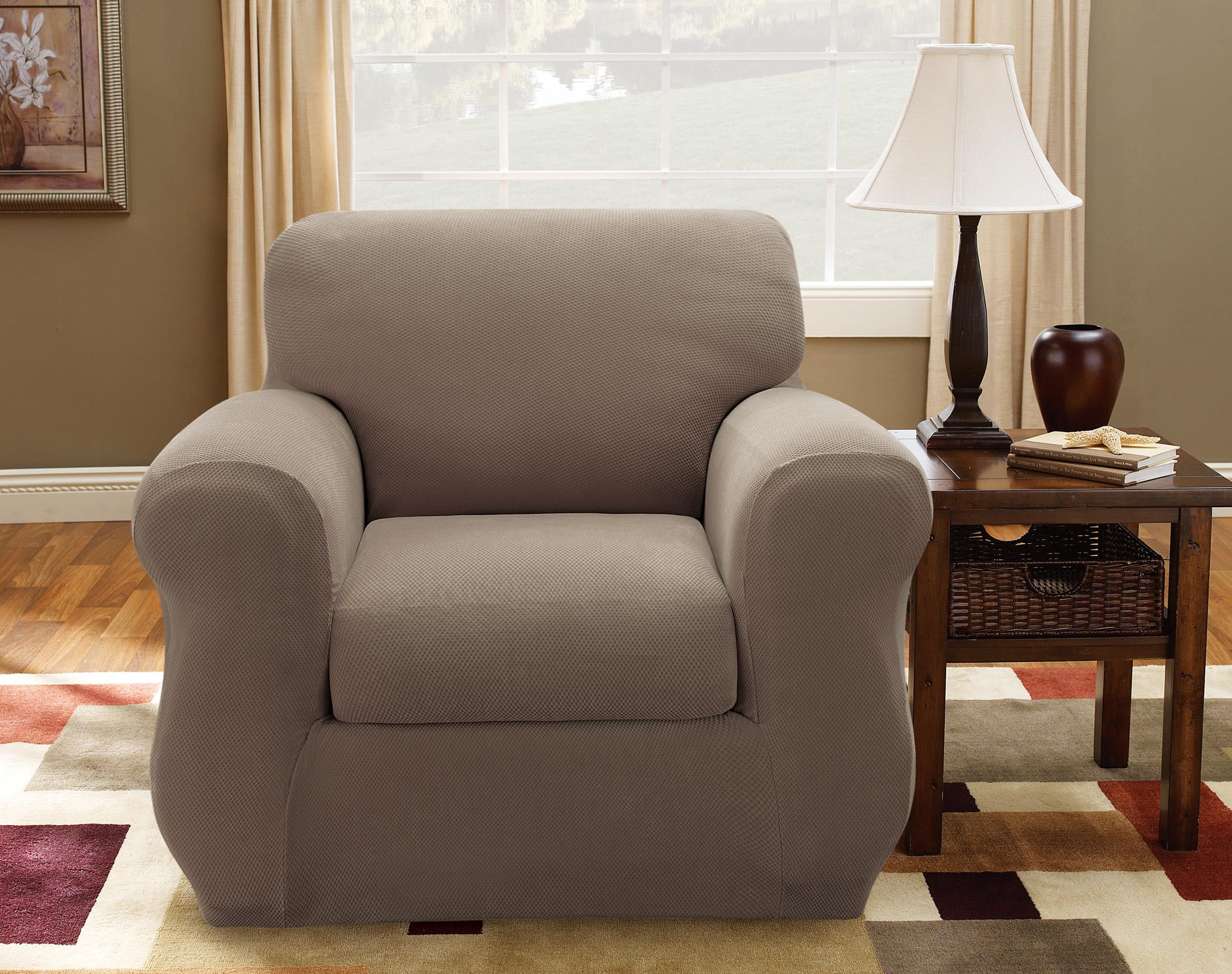 Taupe Stretch Pique Armchair Slipcover with Waffle-Knit Texture
