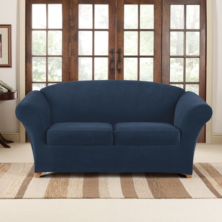 SureFit Stretch Pique Loveseat Slipcover, 3-Piece Loveseat Cover and Cushion Cover, Navy