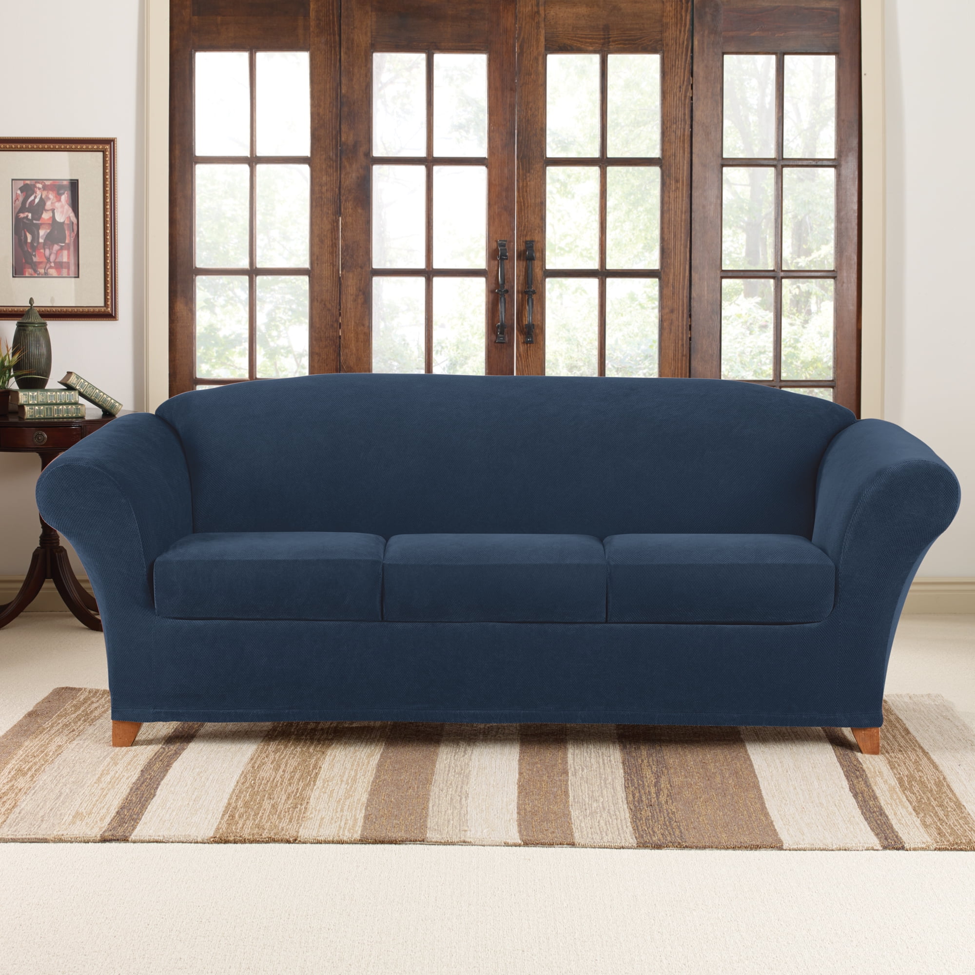 Navy Stretch Pique 3-Seat Sofa Slipcover with Zippered Cushions