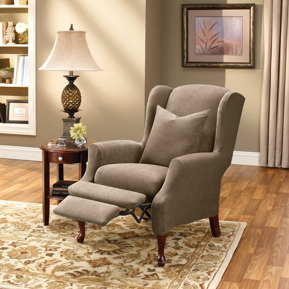 SureFit Stretch Pique Wing Recliner Cover, Two-Piece Wing Recliner Chair Covers, Taupe
