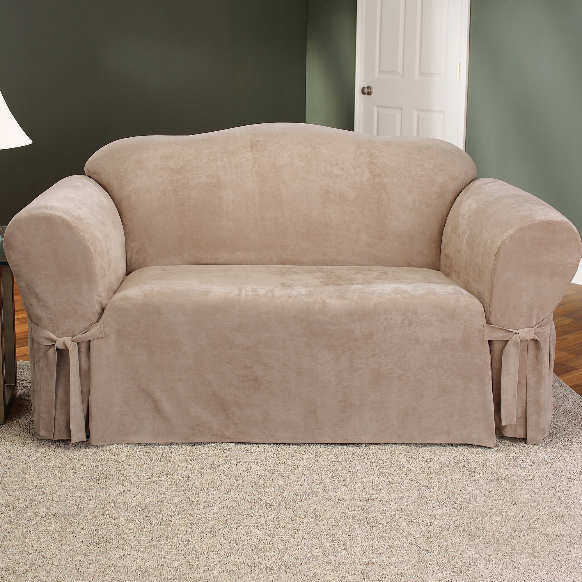 SureFit Suede with Ties and Cinched Seat Elastic One Piece Loveseat
