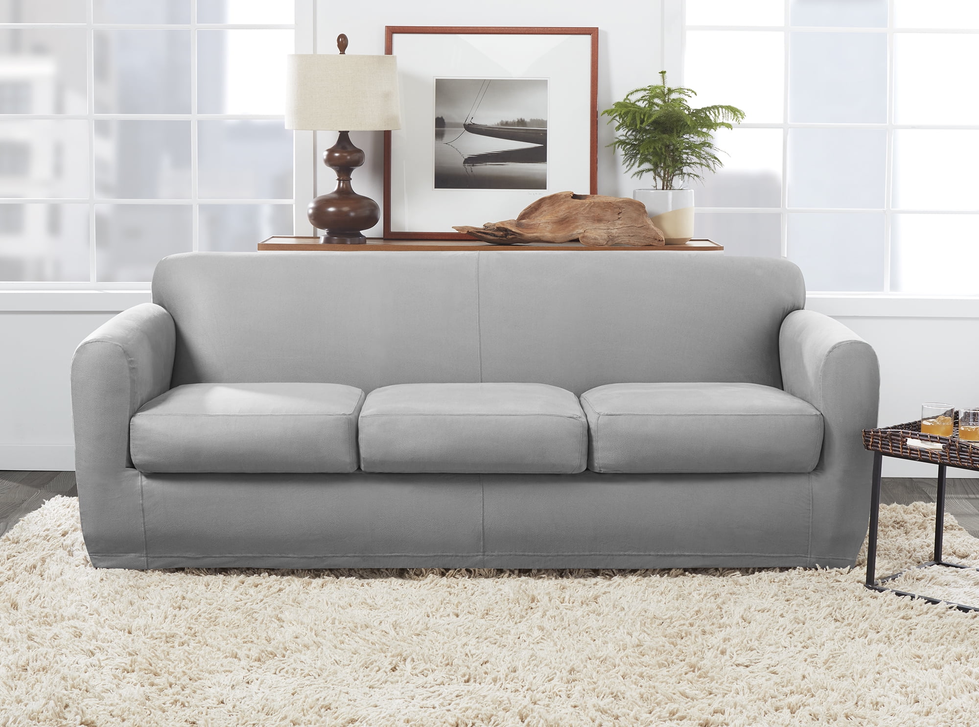 Ultimate Stretch Faux Leather Sofa Slipcover in Light Pebbled Gray