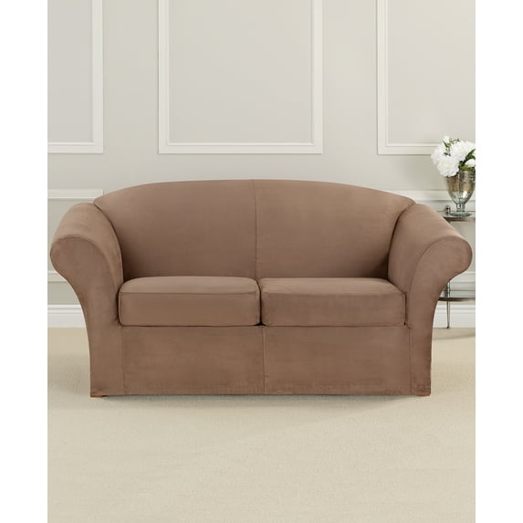 SureFit Ultimate Stretch Suede Loveseat Slipcover, 3-Piece, Luggage Brown Box Cushion Loveseat Cover
